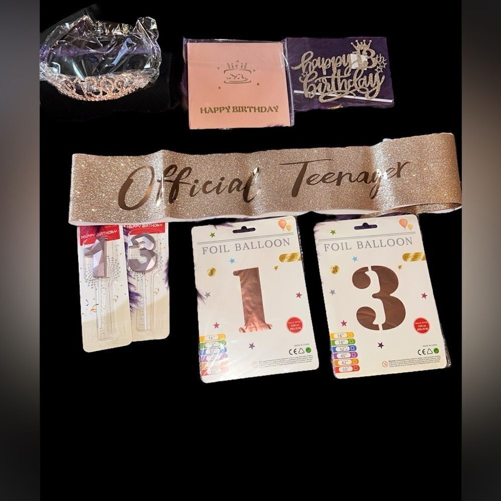 13 Birthday accessories. Tiara, sash, candles, foil Balloons, birthday card, etc